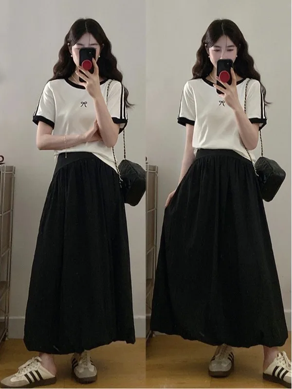 

Slimming Casual Large Size Fashionable Comfortable Breathable Top Belly Covering Half Skirt Two Piece Set Women's Clothing