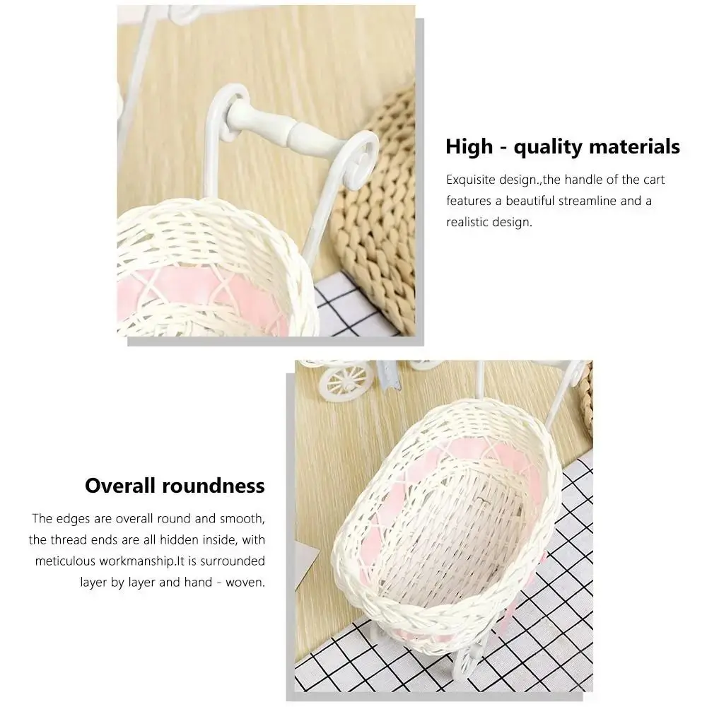 Mini Cute Design Baby Cart Stroller Storage Basket Handmade Imitation Rattan Woven Storage Tray Multipurpose Decorative