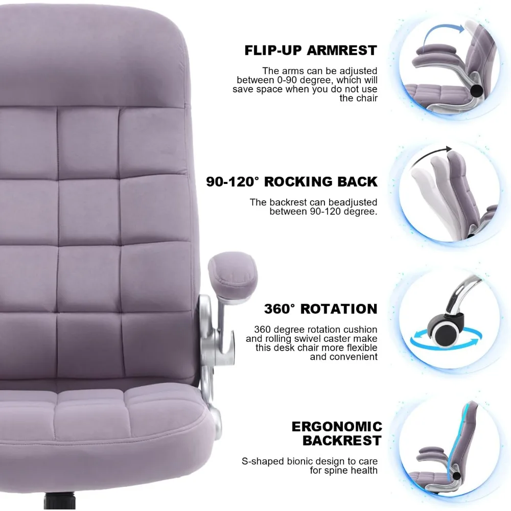 كرسي مكتب من القماش عالي الظهر أرجواني، كراسي مكتب تنفيذية مخملية بأذرع قابلة للطي، كراسي مكتب مريحة مع دعم قطني