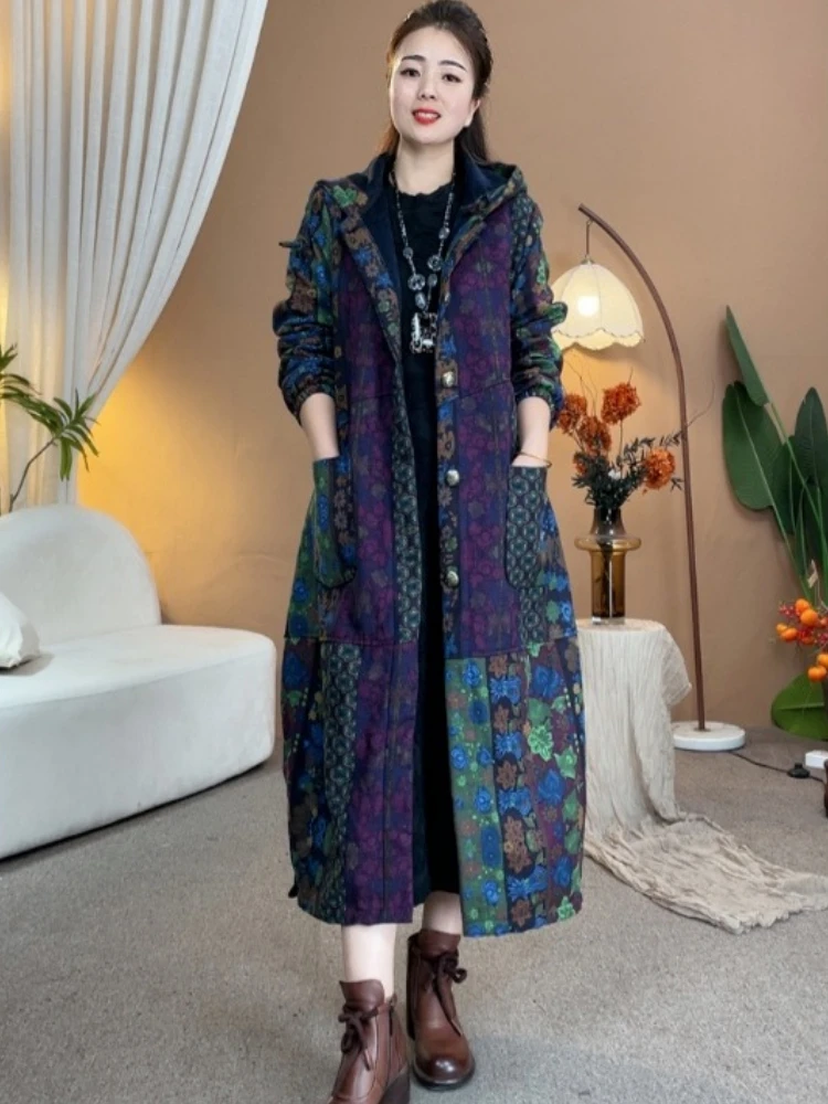 Vintage Floral Print Long Cotton Coat Women Autumn Winter Fur Lined Trench Coat Single-breasted Parkas Warm Loose Outerwear Chic