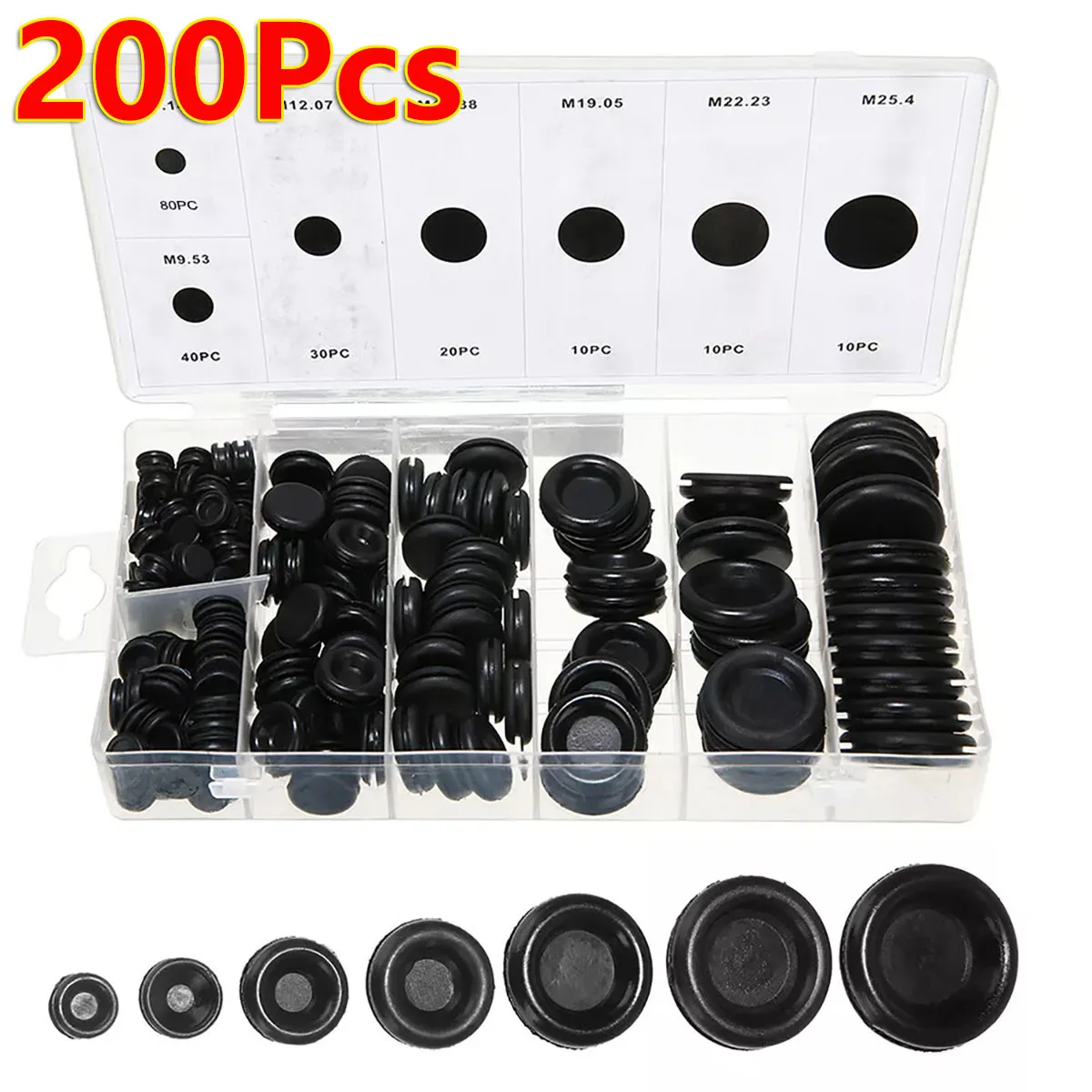200Pcs Black Rubber Grommet Blank Waterproof Protect Wire Tool 7 Sizes Sealing Cables Kit Electrical Plugs Conductor Gasket Ring