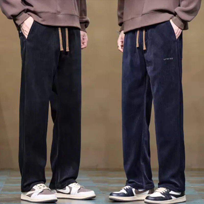 

Soft Corduroy Men's Casual Pants Autumn New Elastic Waist Loose Straight Black Gray Trousers Comfortable Fashion Male Clothes