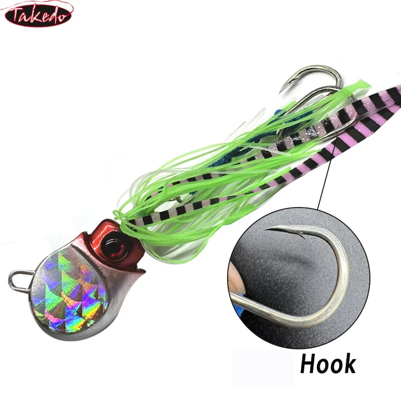 TAKEDO 80G 100G 120G Octopus Fishing Lure Metal Jig Head Trolling Lures Tuna Jigbait Rubber Skirt Bait With bk*Assist Hook