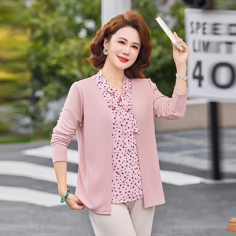 Women Tshirt top Fashion False 2 Pcs T-Shirt Spring Summer Dots Print Stitching Knit Tee Shirts Ladies Elegant Bottoming Shirt