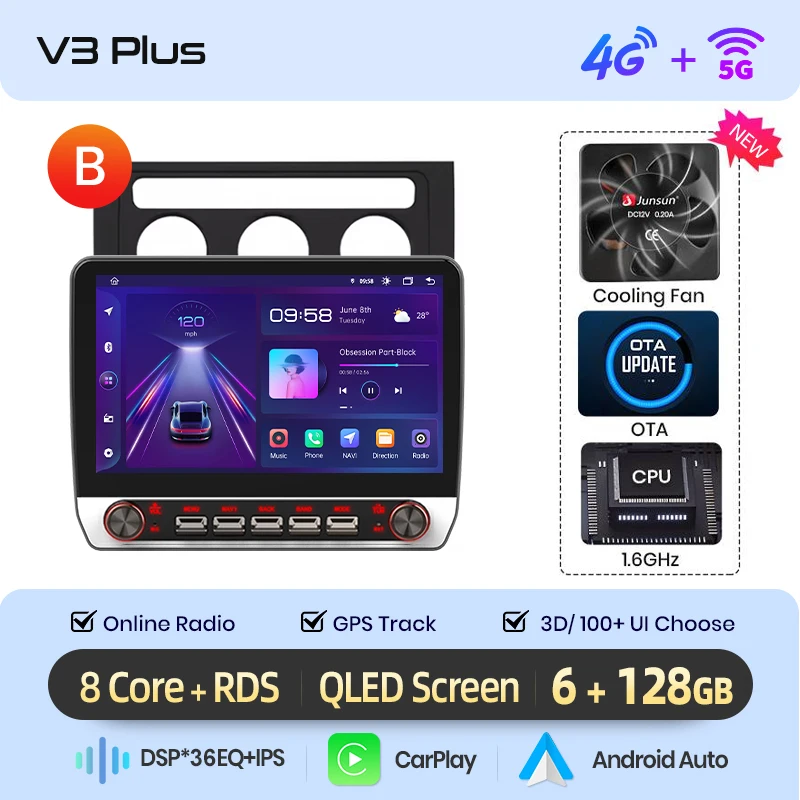 Junsun 13.1″ QLED Draadloze CarPlay Android Auto Autoradio Voor Volkswagen Touran 1 2003-2010 Intelligente Systemen DSP SWC RDS GPS