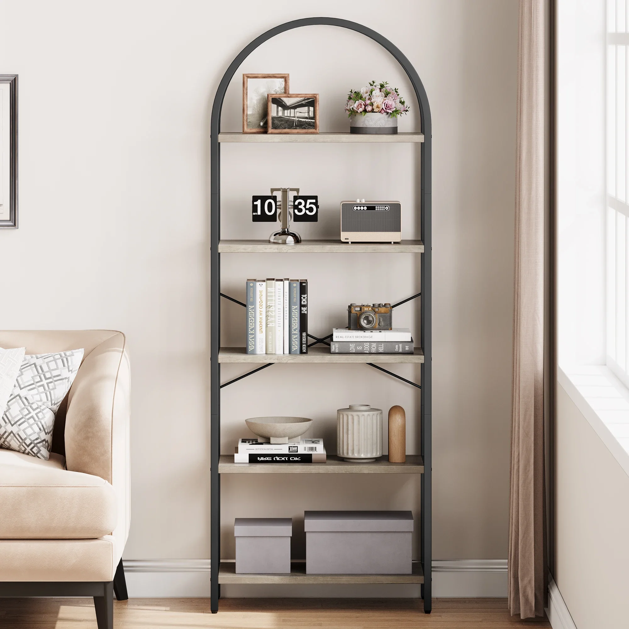 

Customizable Bookshelf 5 Tier Bookcase Arched Display Racks Tall Standing Bookshelves Metal Frame Modern Storage Rack Shelf Larg