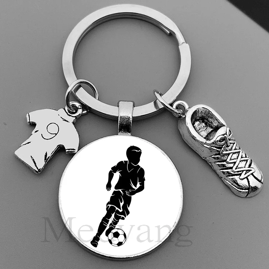 Football keychain boy girl silhouette art football player cabochon glass Keyring I Love football Gift Club Wholesale