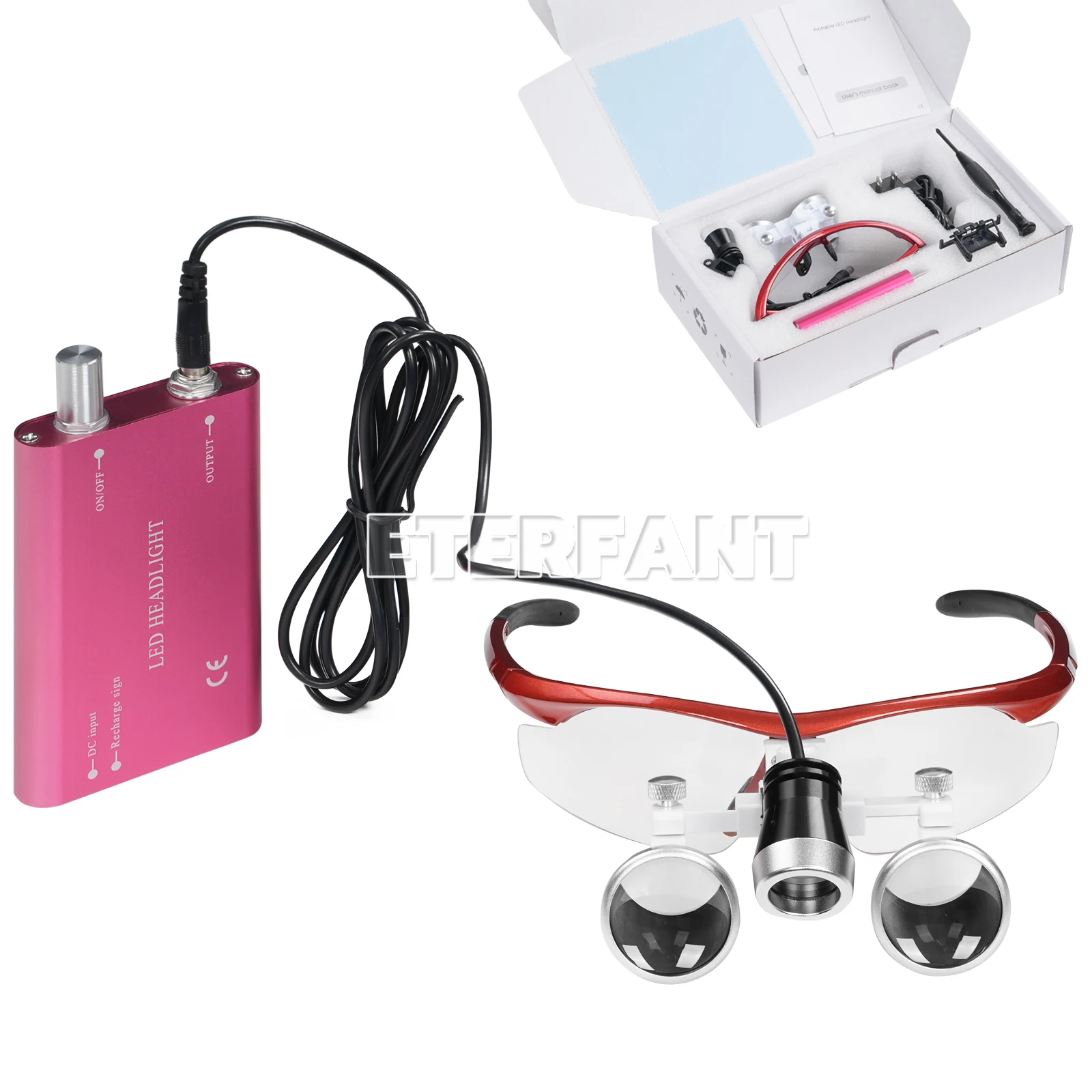

ETERFANT 3.5x Dental Magnifier Medical Binocular Loupes Surgical LED 3W Head Light Lamp Optical Lens 420 mm Red