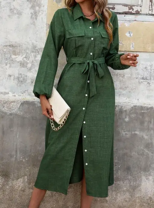 

Новинка 2023 года, осенняя женская одежда, сексуальное зеленое однотонное платье с лацканами и длинными рукавами, женская одежда, наряды