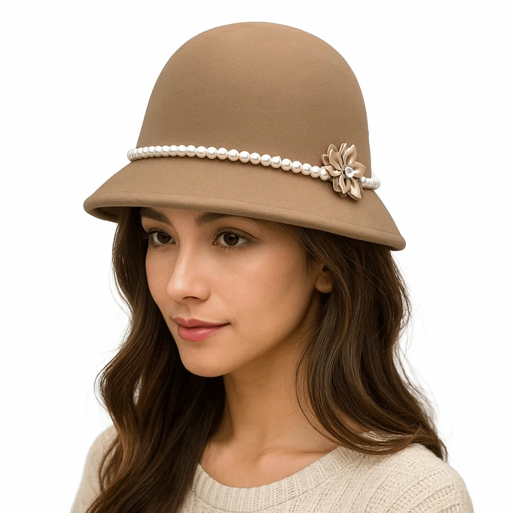 خمر لؤلؤة زهرة توبر قبعة النمط الفرنسي الدافئة صياد قبعة هيبورن الصوفية قبعة بحافة الكنيسة #3