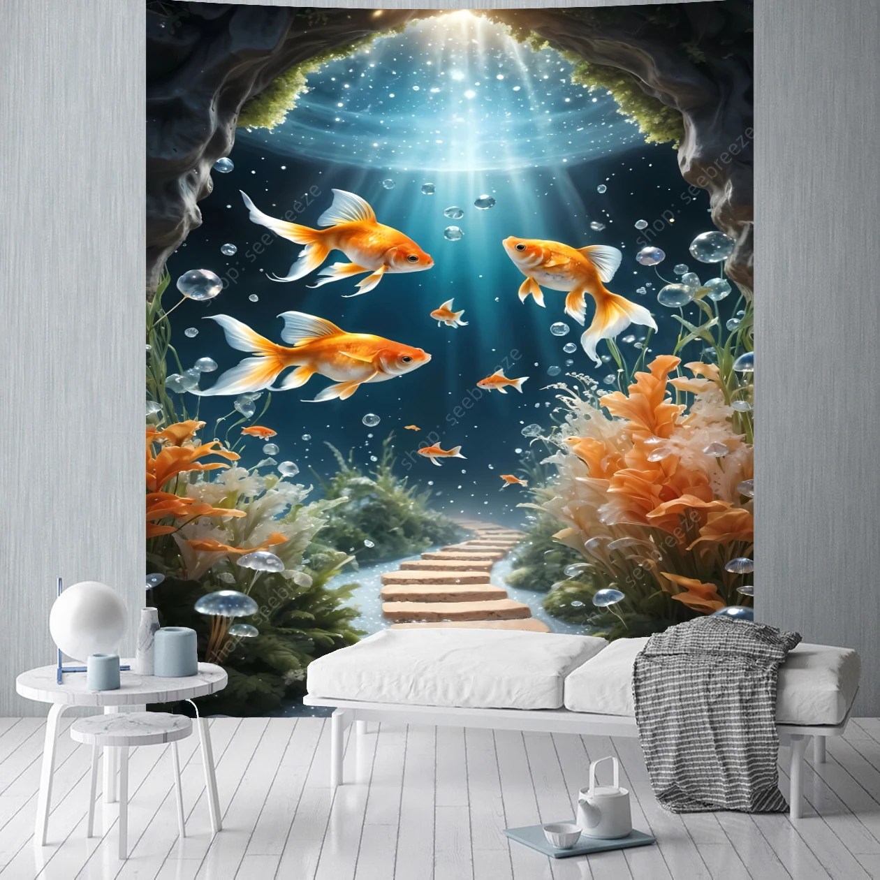 مسحور تحت الماء نسيج قوس قزح الأسماك الاستوائية الكريستال المياه النباتات المائية محكم جدار الفن الطبيعة الهادئة ديكور المنزل