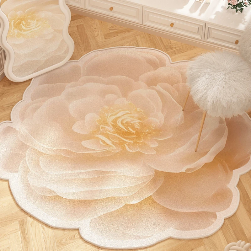 Special Shape Pink Peony Cloakroom Rugs Fluffy Non-slip Porch Decorative Mat Simple Lovely Floral Living Room Cream Style Carpet