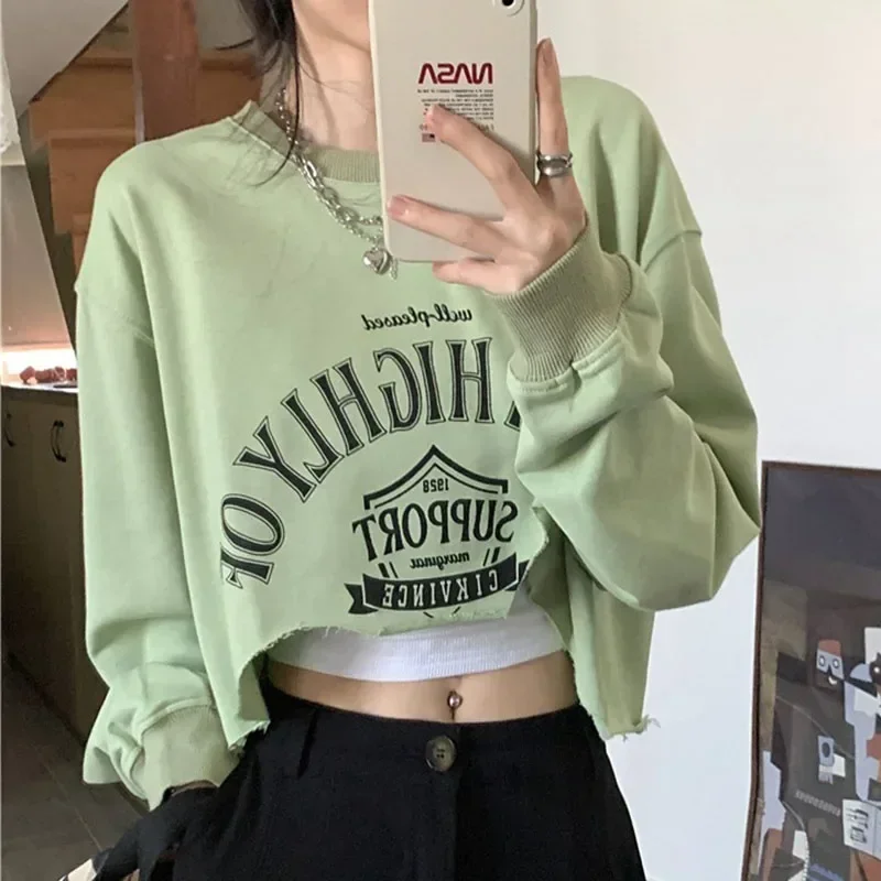 2024 Spring Autumn Women O-Neck Irregular Sweatshirts Korean Fashion Crop Tops Letter Printed Harajuku Punk Gothic Streetwear