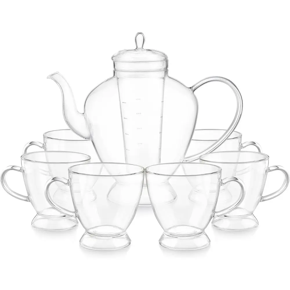 طقم إبريق شاي زجاجي بوروسيليكات أنيق سعة 50 أونصة مع مصفاة و6 أكواب لتجربة شاي نقي