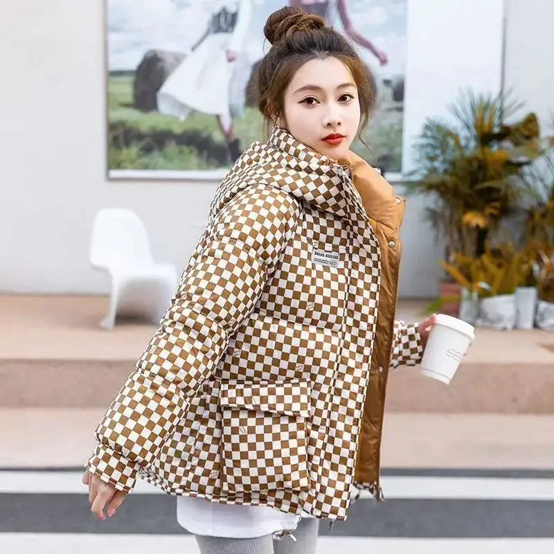 Checkerboard cotton-padded women\'s clothing 2023 new winter short cotton-padded jacket thickened winter fashion cotton-padded