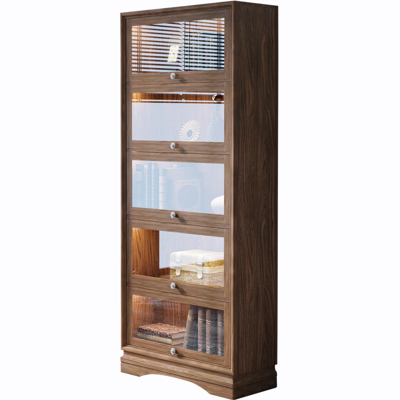 

American all-solid wood bookcase bookshelf glass door with lamp living room whole wall floor toy collection