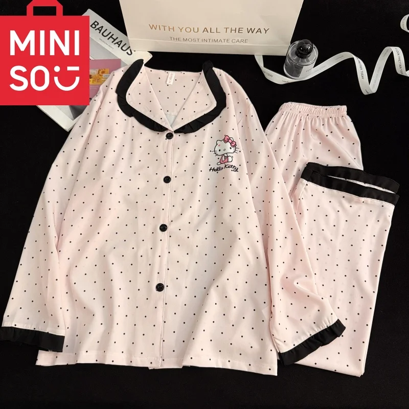 الكورية نمط مرحبا كيتي ملابس خاصة مجموعة النساء 2025 جديد لطيف دوت طباعة منامة طويلة الأكمام المتسكعون مطابقة الأسرة منامة نقطة