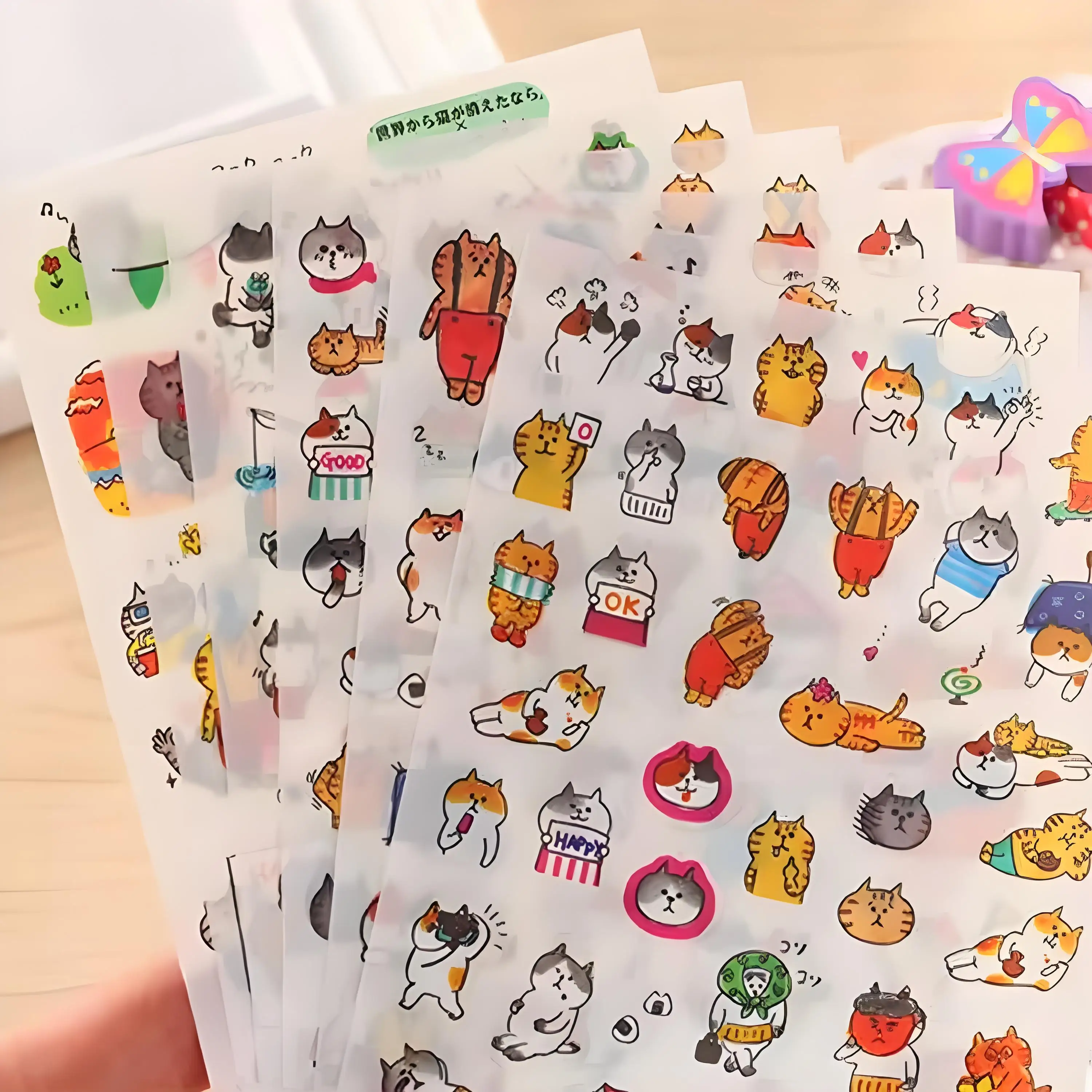 6 Sheets Waterproof Cartoon Cat Stickers Set Cute PVC Diary Journal Scrapbooking Decorations for DIY Projects