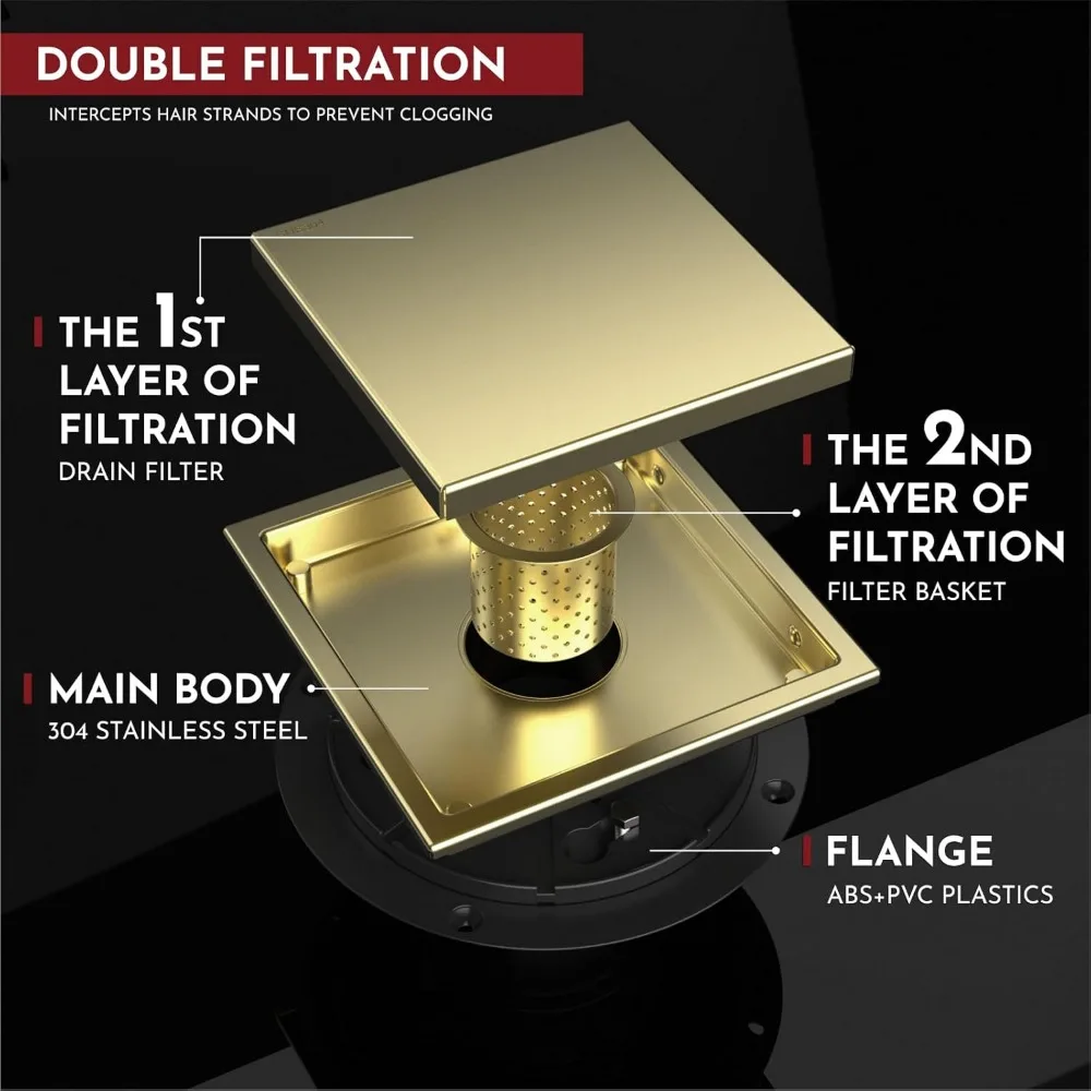 6 In Square Shower Drain Gold Floor Drain w/ Flange Reversible 2-in-1 Cover Tile Insert Grate Removable SUS304 Stainless Steel