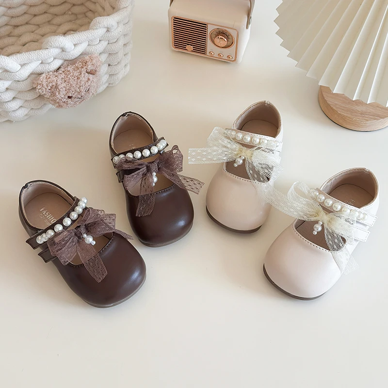 

Spring Girl's Princess Shoes Bowknot Pearl Round Toe Cute Kid's Flat Shoe Beige Brown Anti-slip Chic Charming Children Shoes