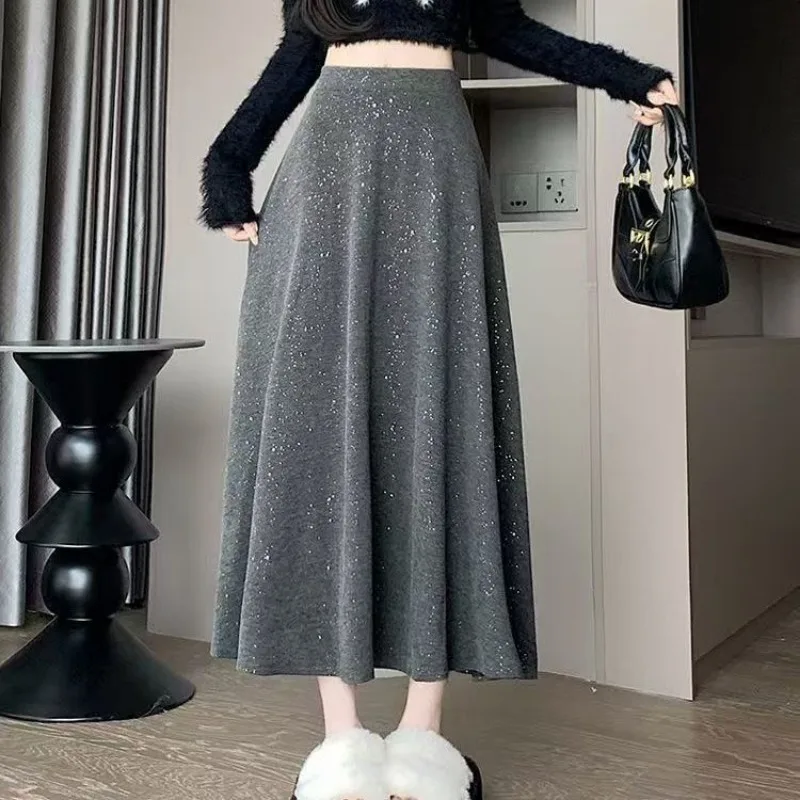 

Вязаная юбка с блестками, осенне-корейский стиль, осень-зима, эластичная новая юбка с высокой талией и большим подолом, блестящая длинная юбка
