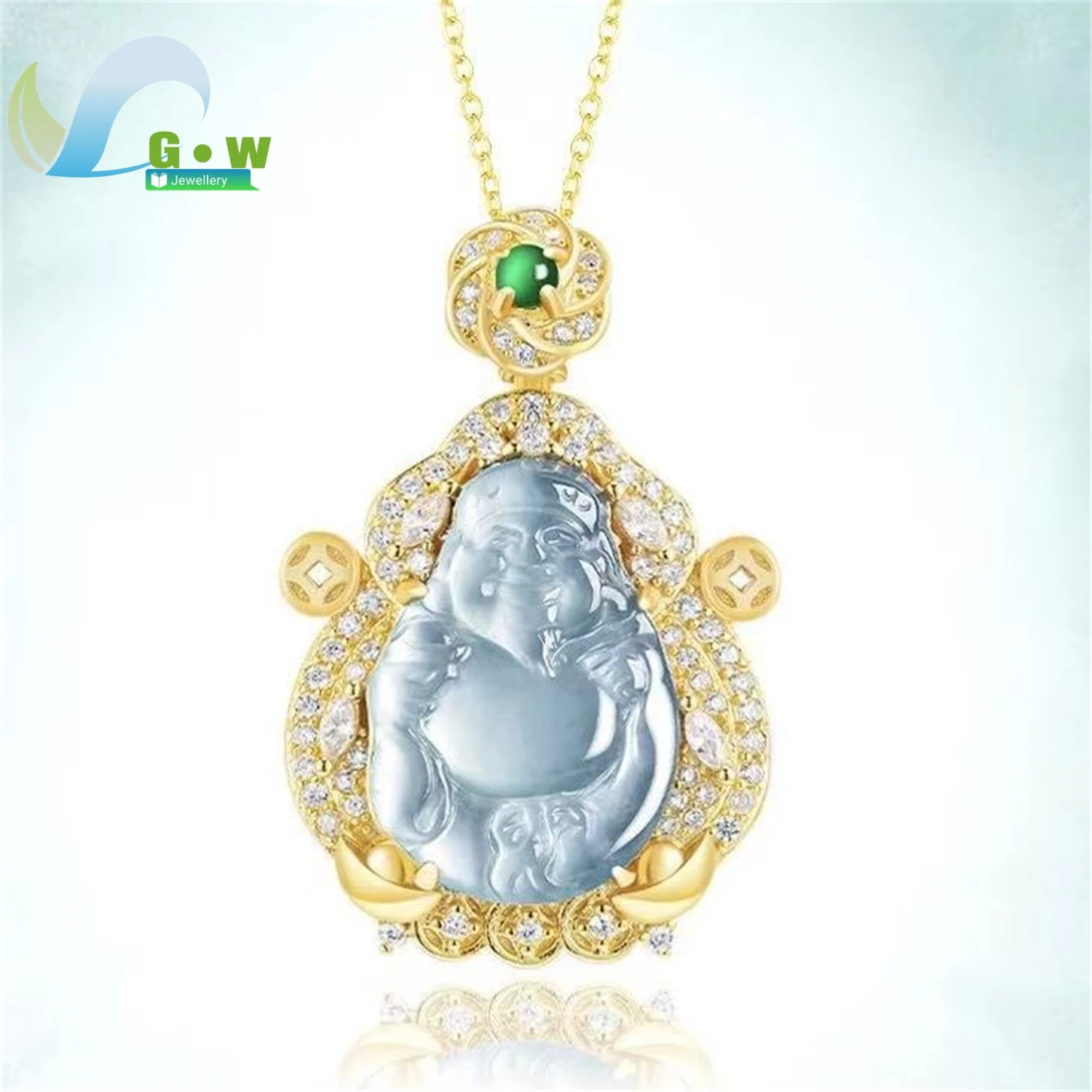 Natural Grade A Jadeite Blue Water Ice Type Wealth God Pendant Hanging Jade Amulet Necklace Unisex Carved Gemstone Jewelry