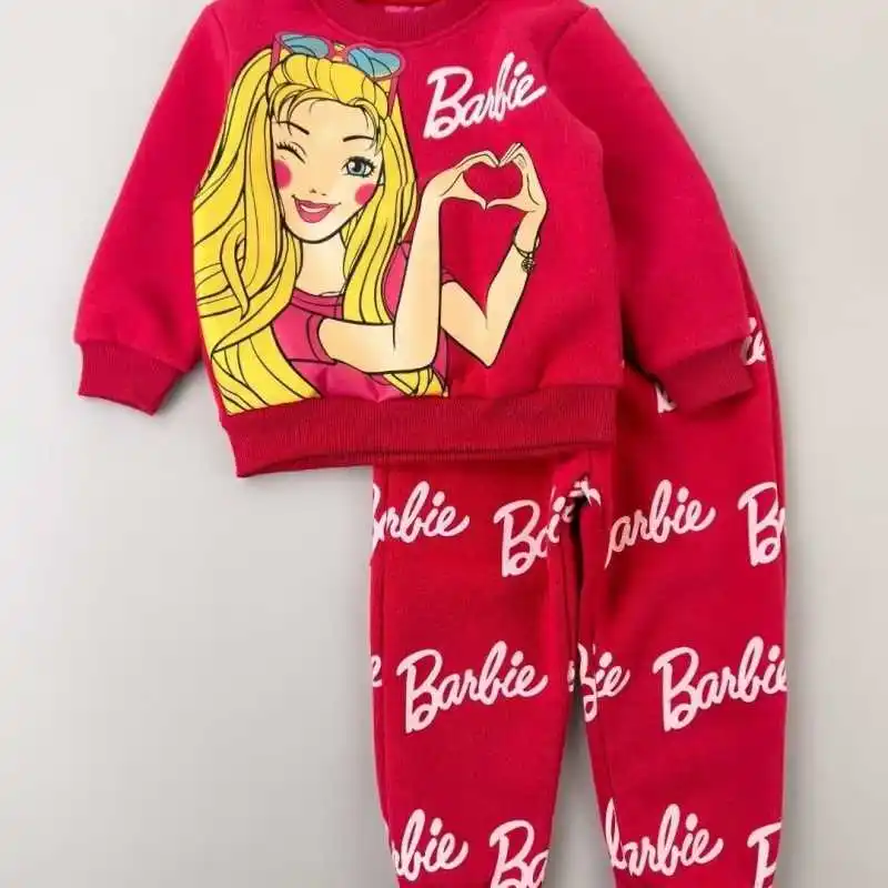 Anime Barbie Children Long sleeved Trousers 2 piece Set Cartoon Cute Girl Fashion Fleece Hooded Tops Kawaii Sport Pullover Pants