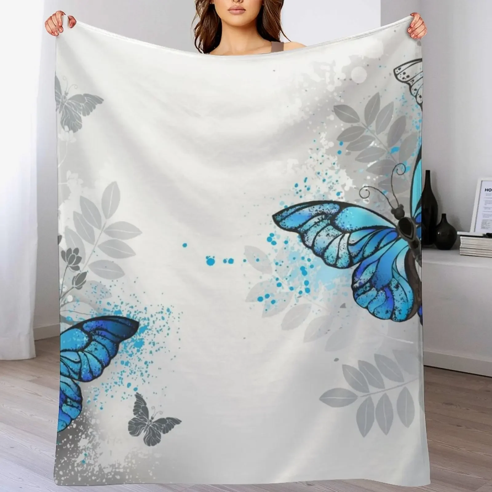 

Blue Butterflies with Wild Plants Throw Blanket Sofa Sofas Single Picnic Blankets