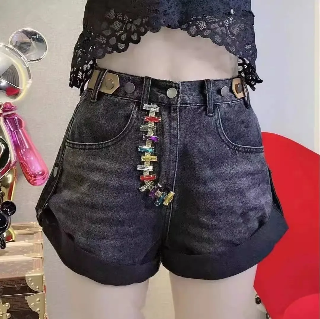 

Y2K Rhinestone Chain High Waist Denim Shorts, Rolled Hem Casual Streetwear Jeans For Women Summer