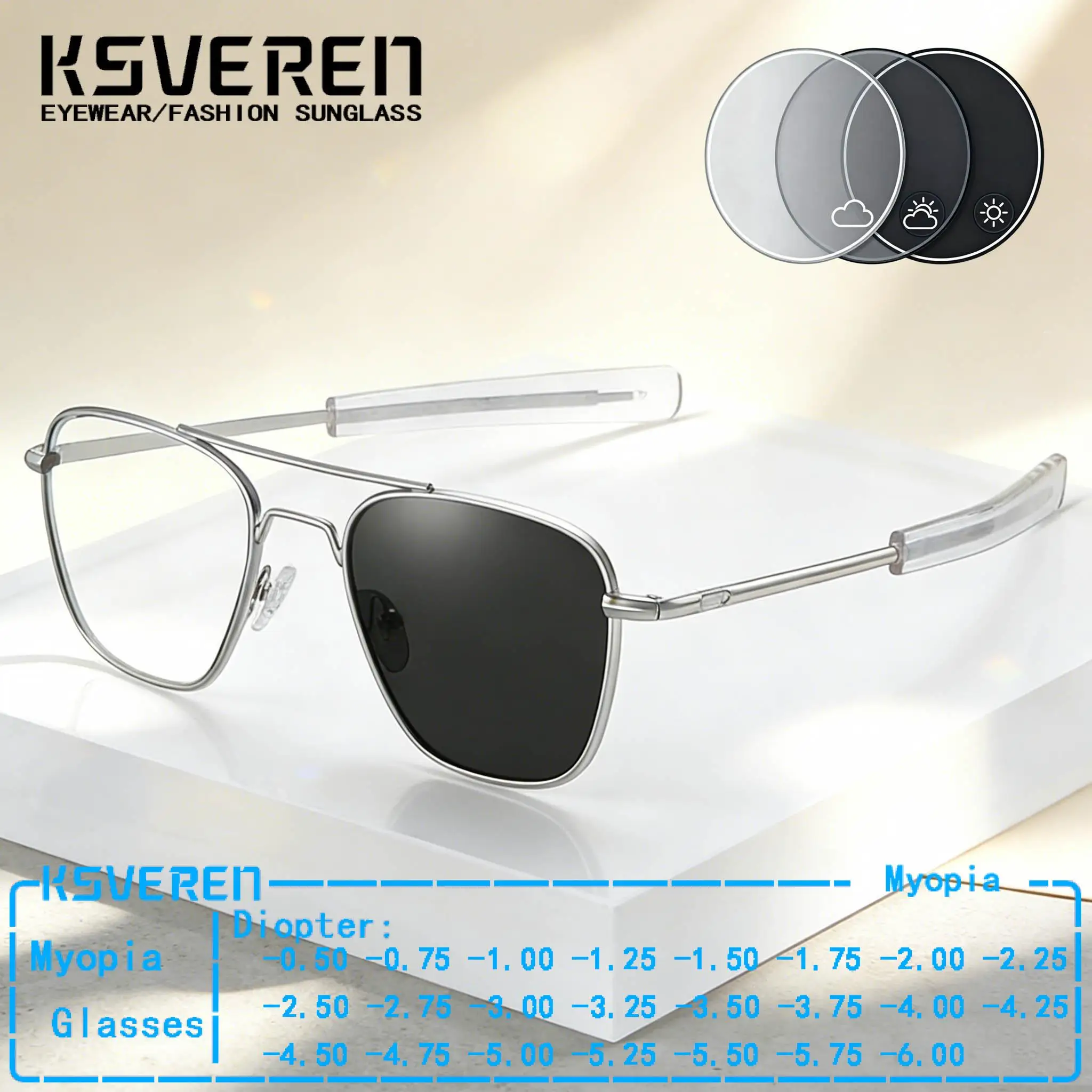 

Очки для близорукости Pilot Metal Photochromic: мужские и женские, с прозрачными линзами, оптические, с диоптриями, меняющие цвет, отрицательные диоптрии