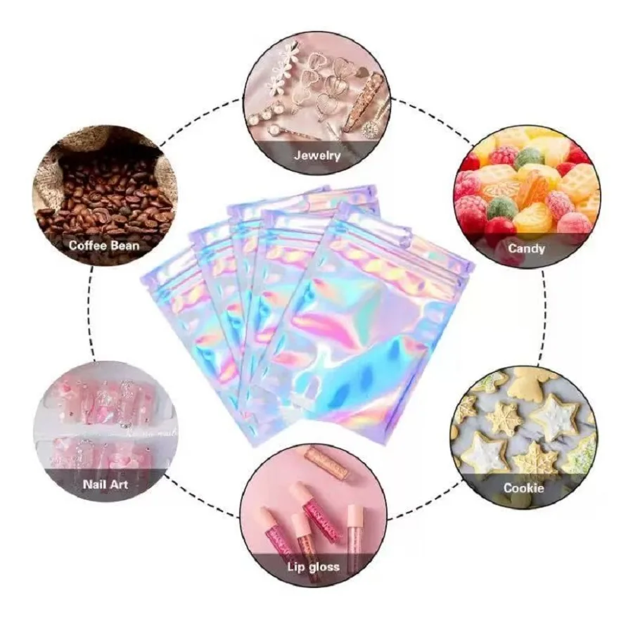 100pcs Smell Proof Bags Mylar Holographic Resealable Bags Foil Pouch Ziplock Bags for Party Favor Food Storage Jewelry Packaging - view 5