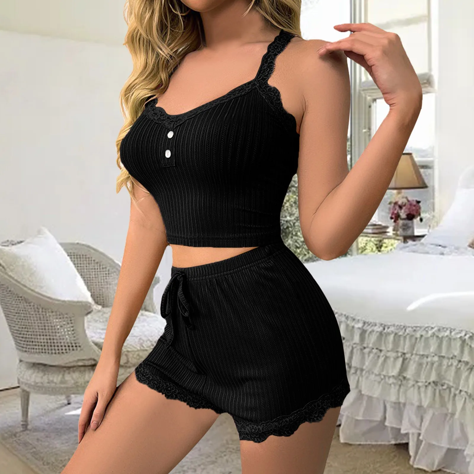 Pajamas Set For Womens Lace Suspenders Shorts Home Wear Sweet Girl Plus Size Sleeveless Pajamas For Women Tank Top Suits Pyjamas