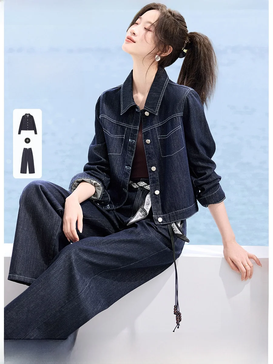 

Современный ретро-комплект весна 2026: женская укороченная куртка и джинсы с высокой талией и широкими штанинами, дышащий, средней толщины, модный, для осени