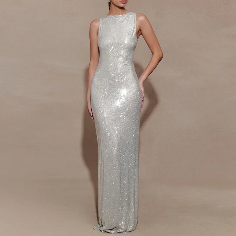 Batas para mujer, vestido de fiesta Sexy con lentejuelas brillantes, nuevo vestido largo elegante con cuello redondo y abertura hueca, vestido Maxi bohemio sin mangas para primavera y verano