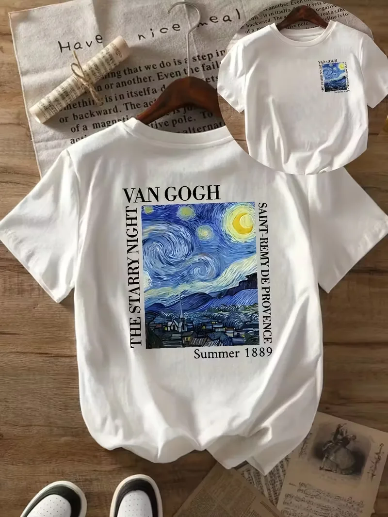 تي شيرت Van Gogh Starry Night Art Print للسيدات - تي شيرت برسومات مستوحاة من 1899، بلوزة كاجوال بأكمام قصيرة قابلة للتنفس للارتداء اليومي #3