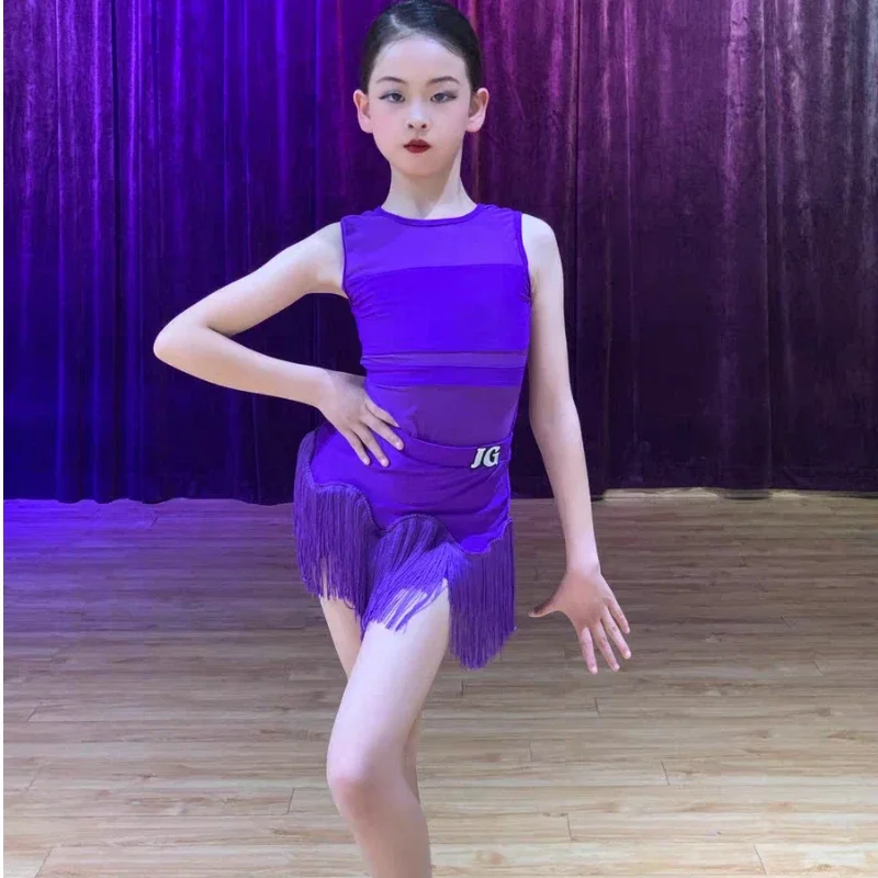 1 pieza/lote de vestido de baile latino morado de verano para niñas, Color sólido Sexy, vestido de baile de Tango con precisión