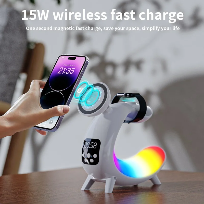 Multifunctional Magnetic Wireless Charger Alarm Clock Speaker RGB Night Light Charging Station for Iphone 11 12 13 14 15 Samsung