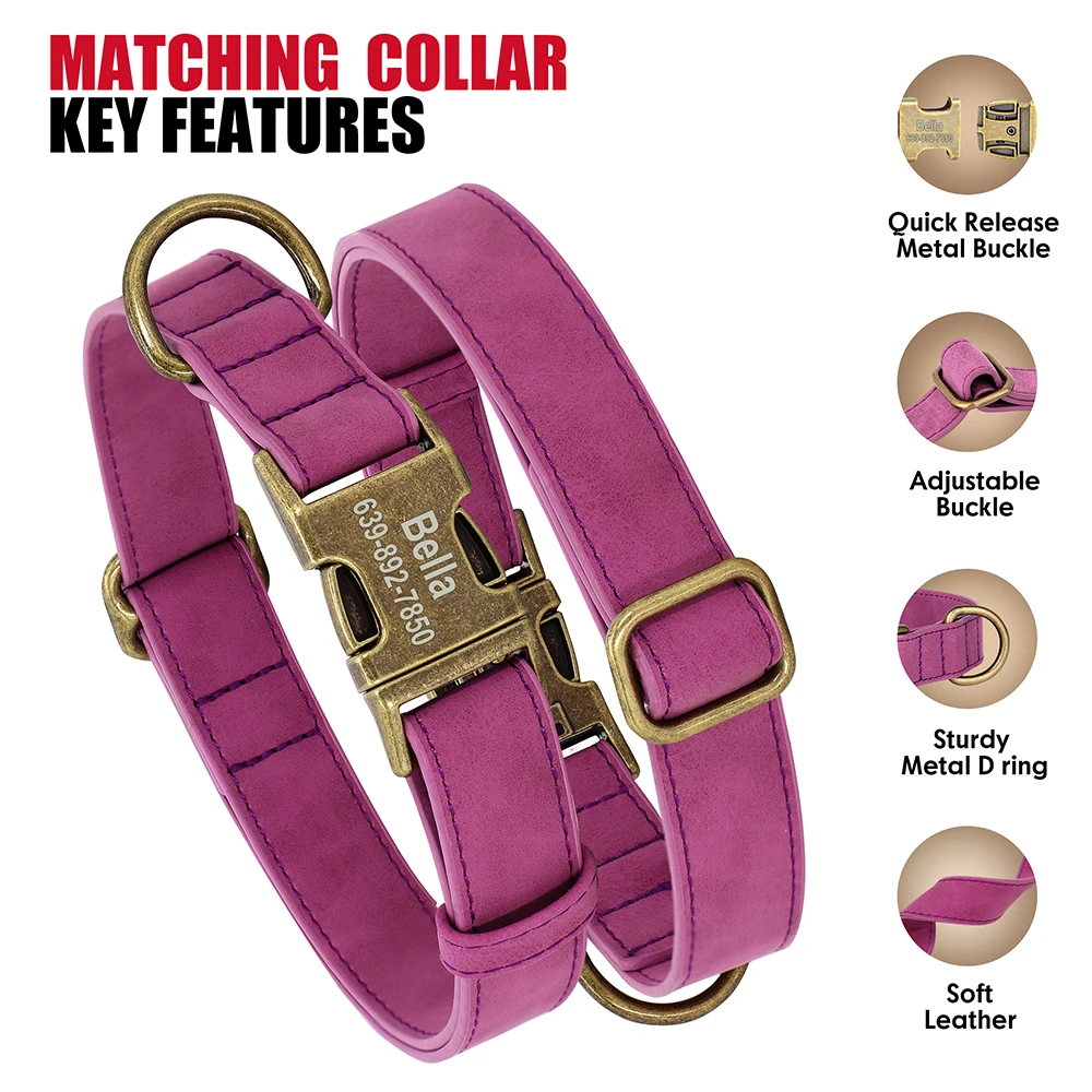 Personalized PU Leather Dog Collar Leash Set Custom Anti-lost Dog Collars with Free Engraved Metal Buckle for Small Medium Dogs