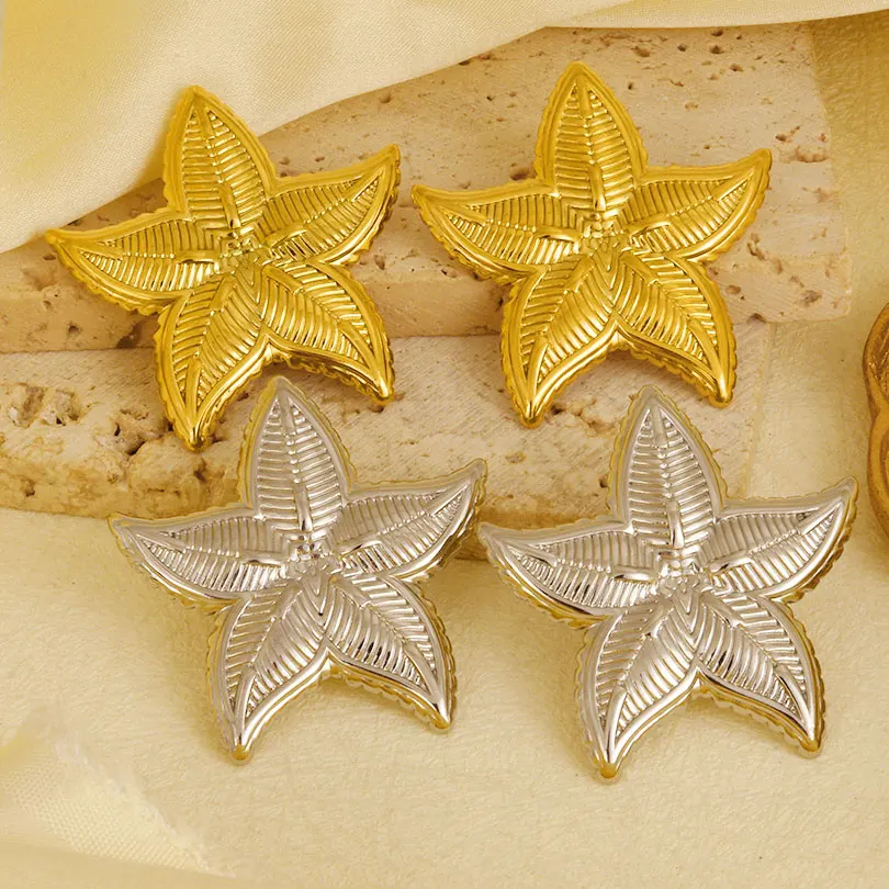 1Pair Stainless Steel Vintage Fold Irregular Hammered Chunky Stud Earrings Trendy Summer Sea Shell Starfish Pendientes Jewelry