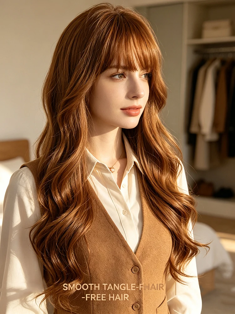 Synthetic 24 Inch Lolita Brown Straight Bangs Long Curly Hair Wig Halloween Cosplay Heat Resistant Fiber Hair Accessories
