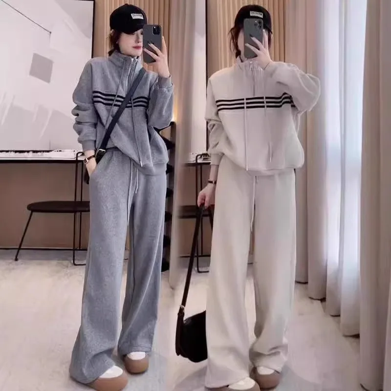 

Autumn New Women Solid Sport Set Fashion Half Open Collar Stripe Sweatshirt + Loose Casual Trousers 2 Piece Sets Women Outfits