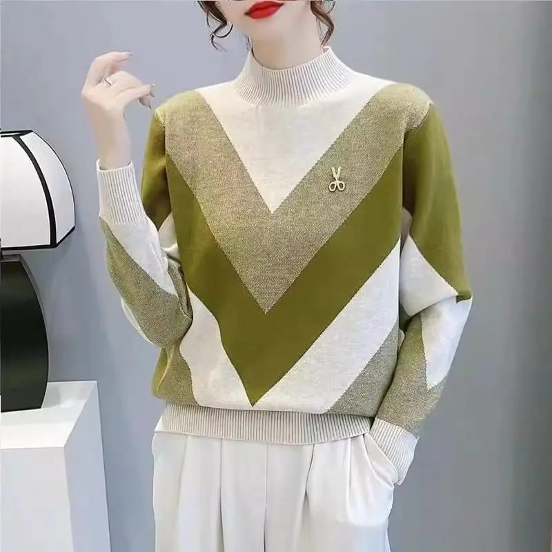 Half Height Collar Sweater Ladies Autumn Winter New Fashion Loose Knitting Fleece Long Sleeve Pullovers Autumn Winter Top Tee