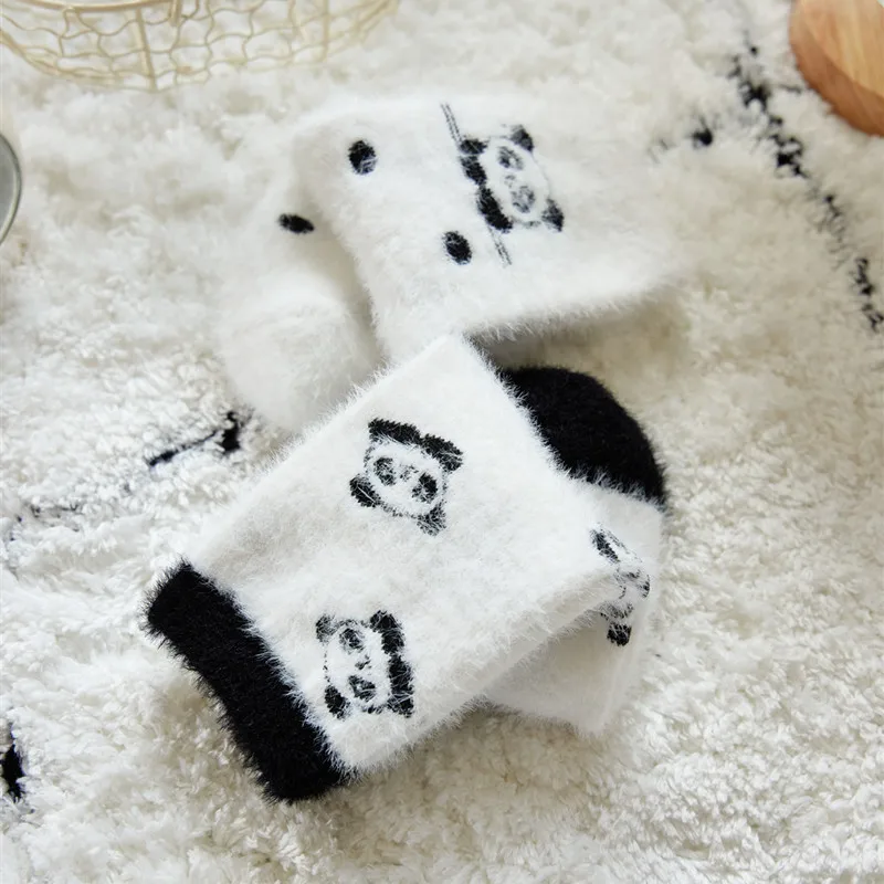 Winter Warm Thick Floor Sleep Socks Set Cute Cartoon Panda Socks for Women Kawai Thermal Fluffy Girl Middle Tube Socks