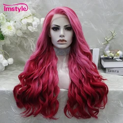 Imstyle-peluca larga sintética con malla frontal para mujer, cabellera ondulada Natural, color rosa degradado, fibra resistente al calor, para Cosplay