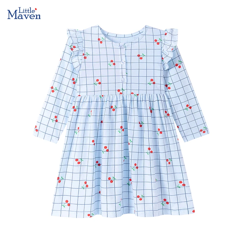 Little Maven Frühling Herbst Neues Partykleid Kinderkleidung Baby Mädchen Langarm Gittermuster Cartoon-Kirschen-Kleid Kinderbekleidung