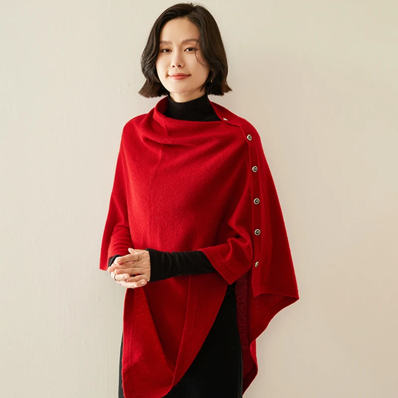 100% Cashmere Shawl irregular Cloak For Autumn Winter Fashion Korean Scarf With Buckle Cardigan Knitted Shawl For Outerwear