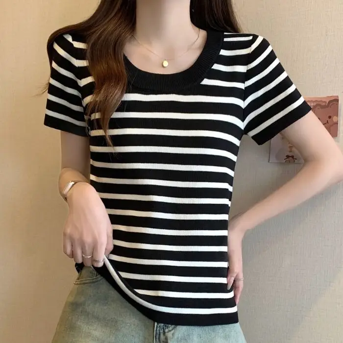 Shintimes Striped T Shirt Women Tee Shirt Summer Thin Ice Silk Knit T-Shirts Short Sleeve Womens Clothing Camisetas Mujer A517