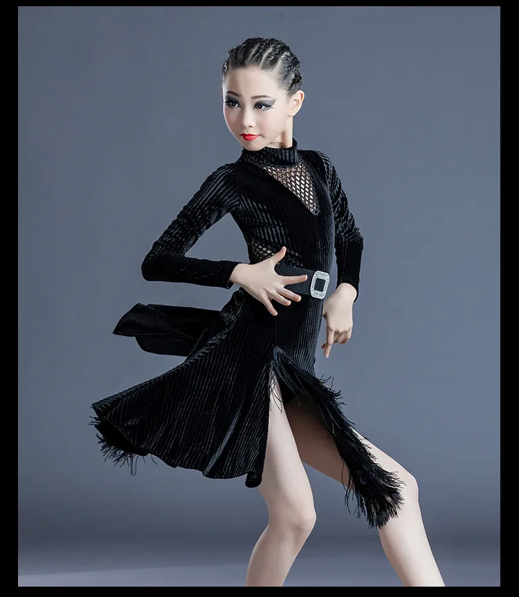 Fall Winter Fringed Latin Dance Competition Uniform Leopard Sleeve Training Skirt Cha Cha Purple Premium Ballroom Stage Outfit