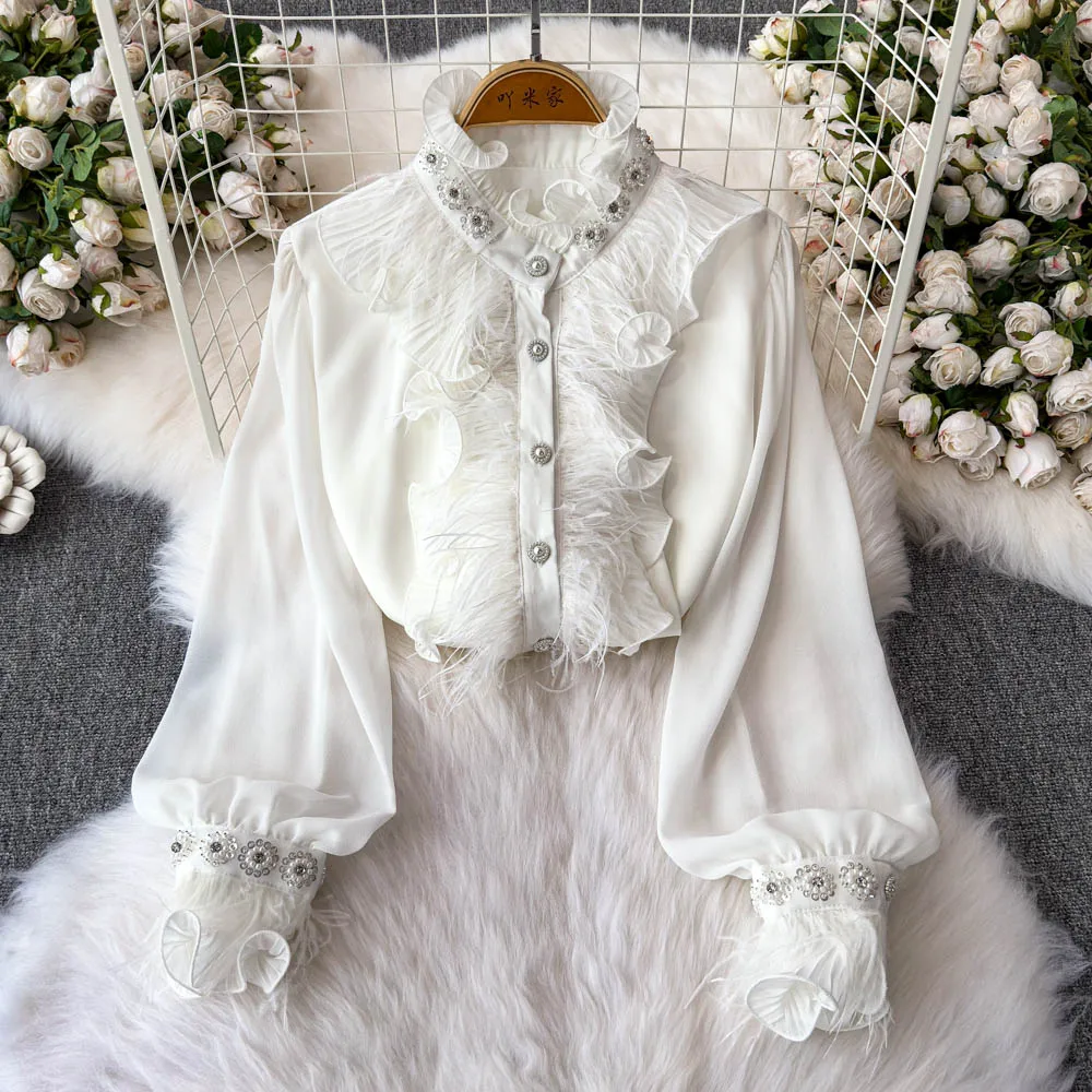 

Lady Luxury Pearls Beading Shirts French Elegant Style Flounce Senior Petal Collar Top Palace Princess Lolita Sweet Fairy Blouse