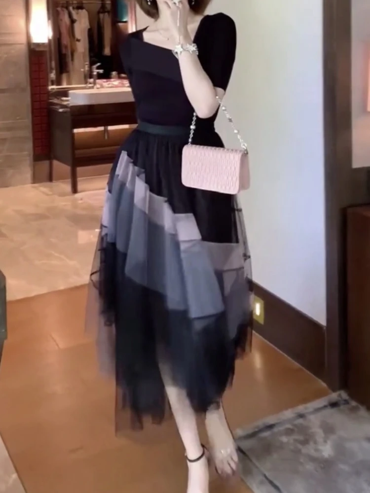 2025 neue Hohe Taille Gefaltete Midi Rock Weibliche Mode Patchwork frauen Frühling Sommer Elegante High Street Mesh Tüll Lange röcke